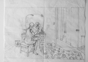 sketch of woman sitting at vanity