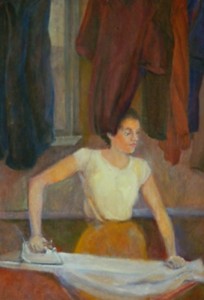 painting of woman ironing in color