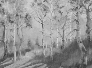 oil painting of aspen in black and white