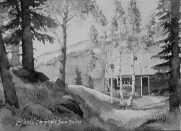Watercolor painting of mountain cabin ©2012 Joan Justis