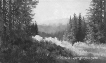 Black and white image of Mountain Sunlight watercolor painting ©2012 Joan Justis