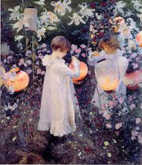 Carnation, Lily, Lily, Rose painting of two girls lighting paper lanterns by John Singer Sargent