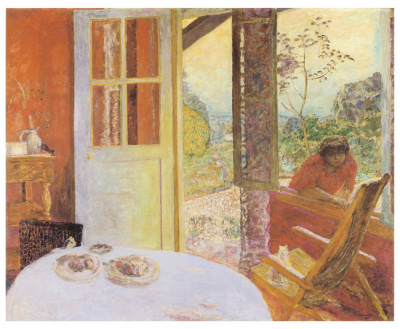 Woman looking in the window to a dining room