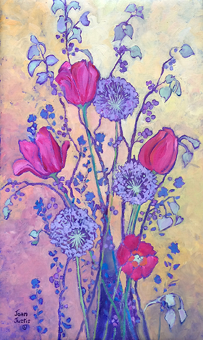 Contemporary Floral oil painting on 20" x 16" canvas, Tulips, Alliums, Crabapple branches